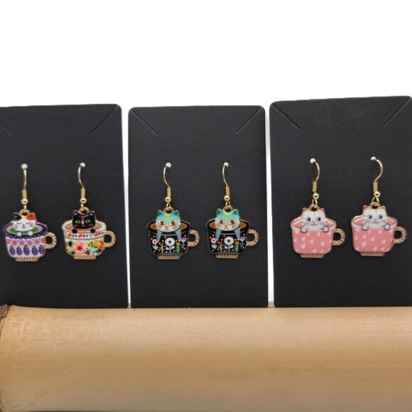 Sweet Hearts White Cat in Pink Heart Teacup Earrings – Handmade Dangles - Picture 2 of 16